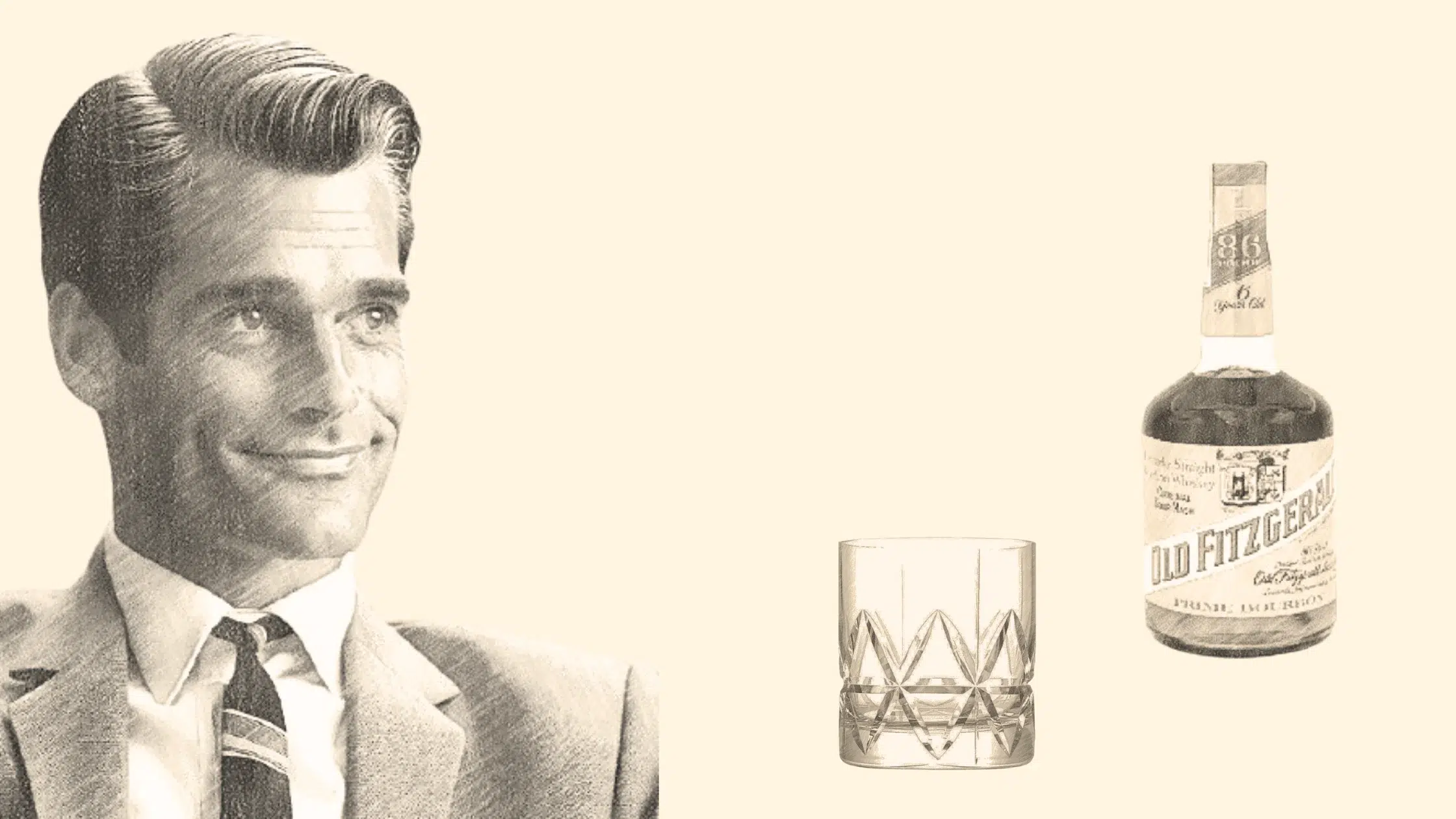 Man smiling, glass, and Old Fitzgerald bourbon bottle