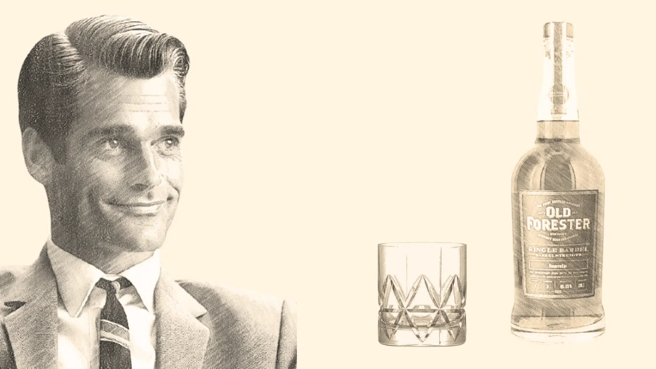 Vintage man with whiskey bottle and glass.