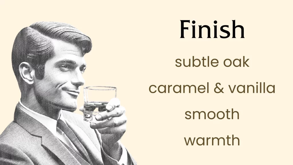 Man enjoying glass of whiskey, flavor descriptors listed.