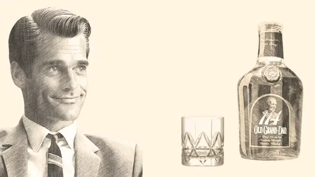 Man with bottle and glass of Old Grand-Dad bourbon