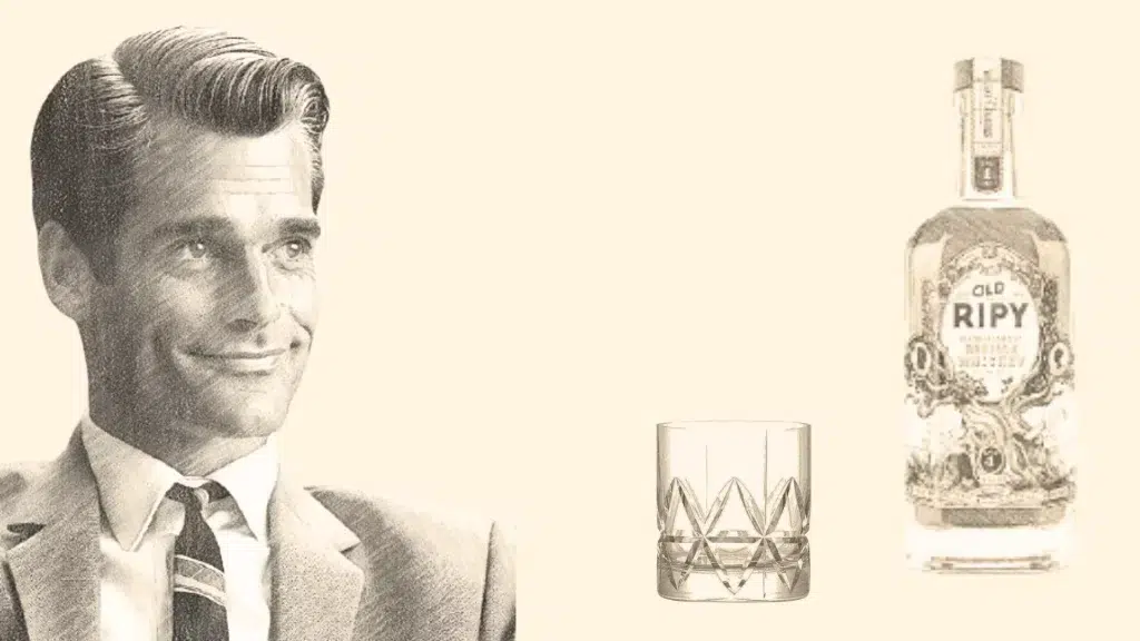 Vintage whiskey ad with man, glass, and bottle.