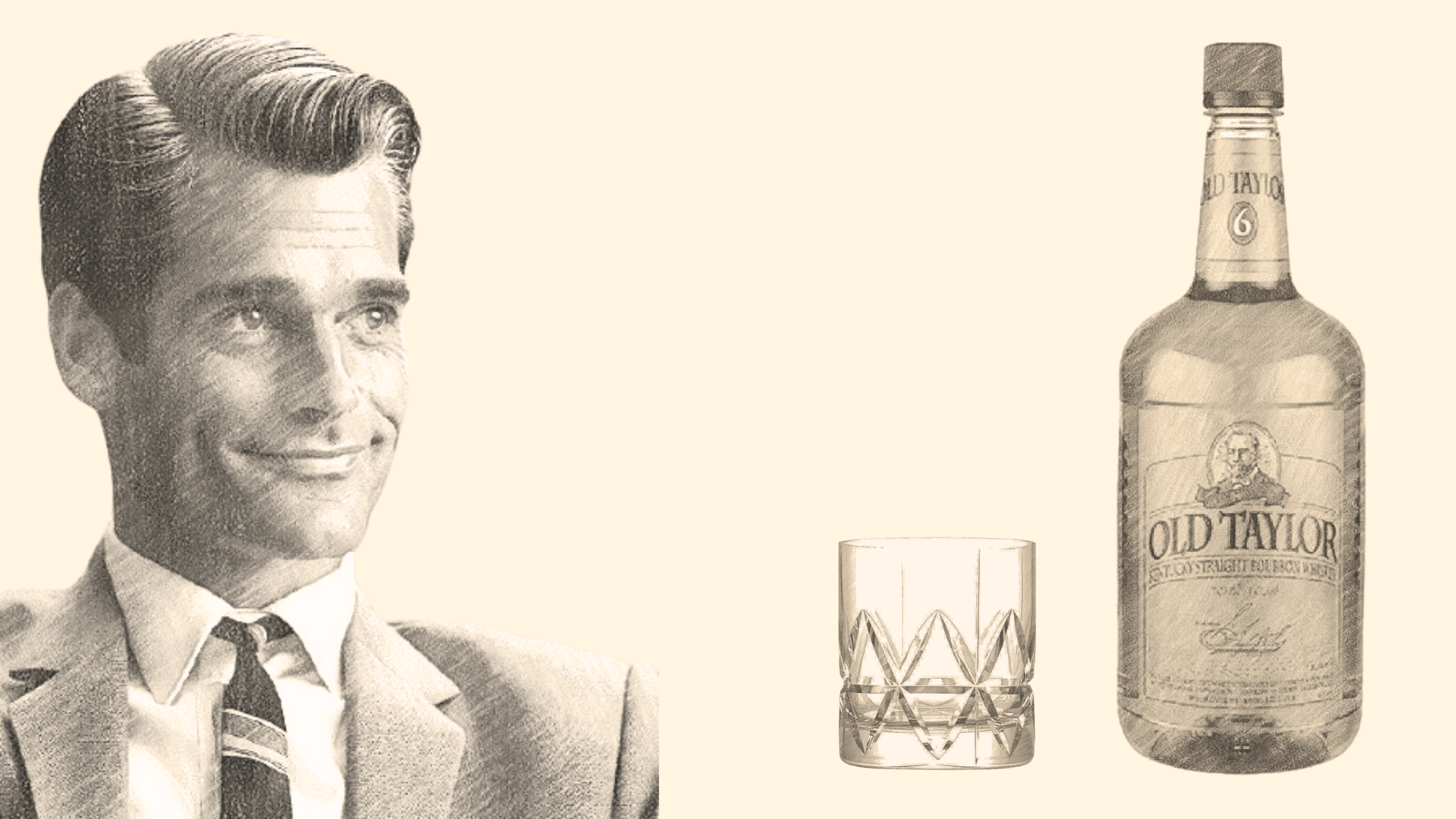 Smiling man with bourbon bottle and glass.