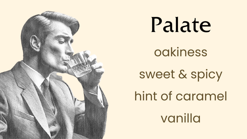 Man drinking whiskey, flavors: oaky, sweet, spicy, vanilla.