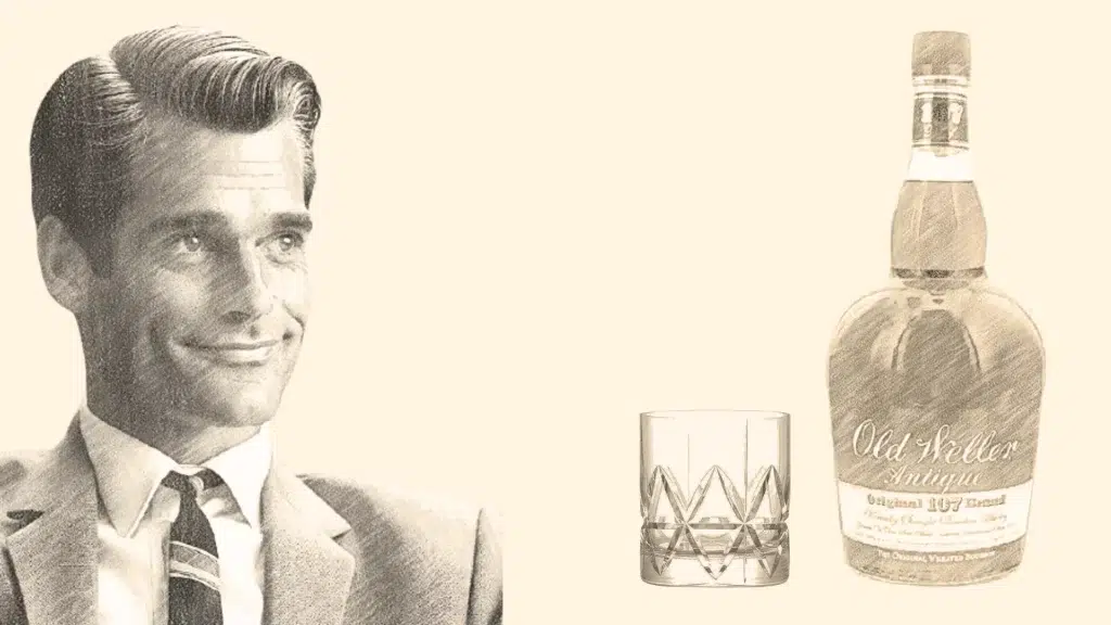 Vintage portrait, whiskey bottle, and glass illustration.