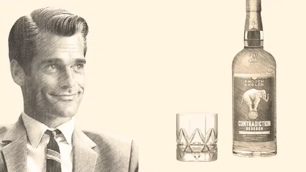 Vintage ad with man, bourbon bottle, and glass.