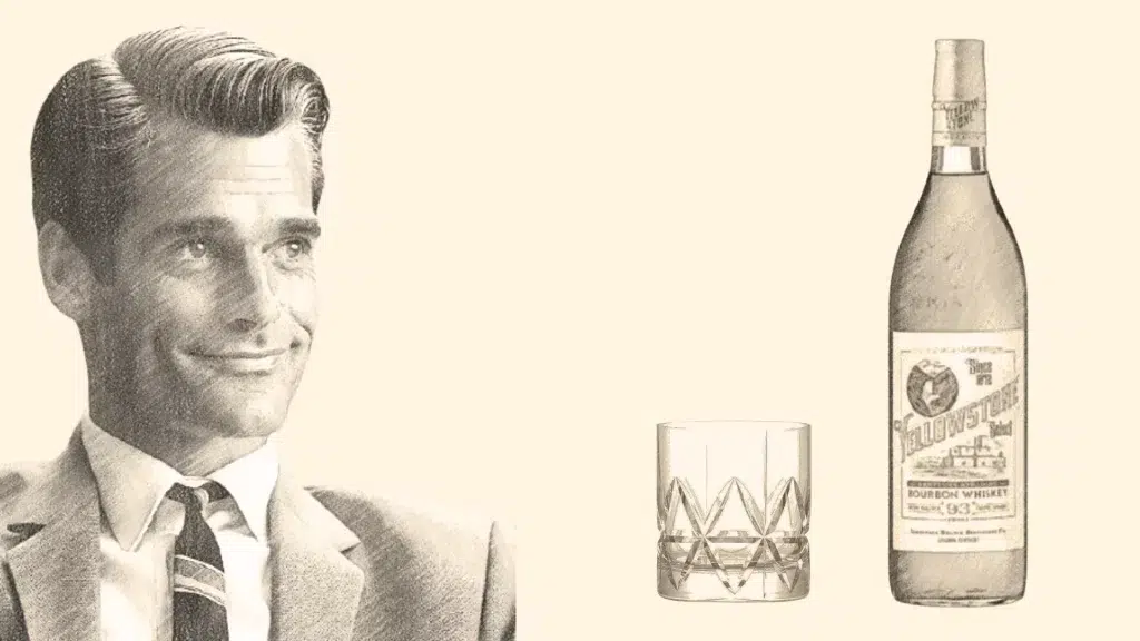 Man with drink and bourbon bottle illustration.