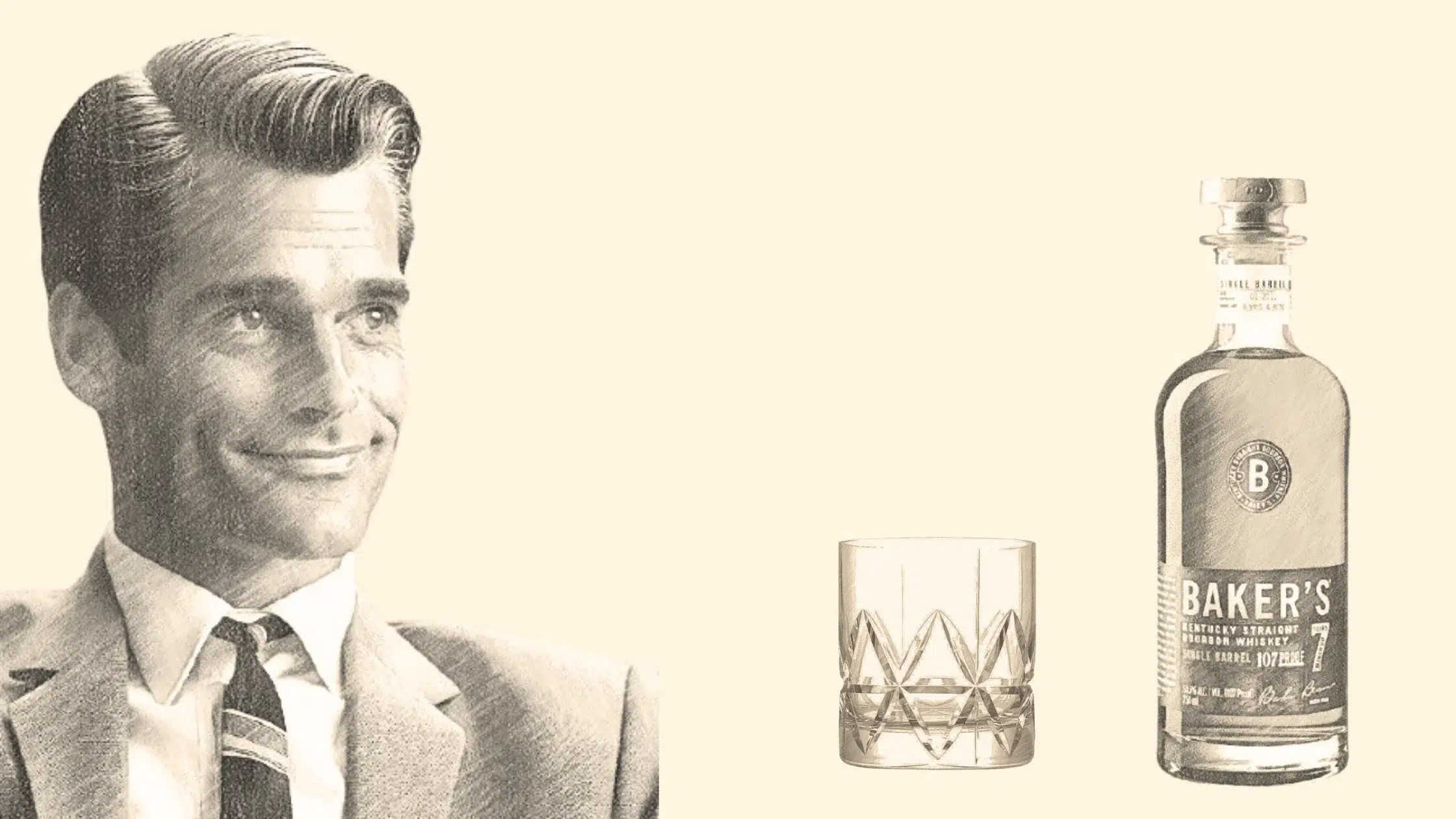 Man smiling, whiskey bottle and glass.