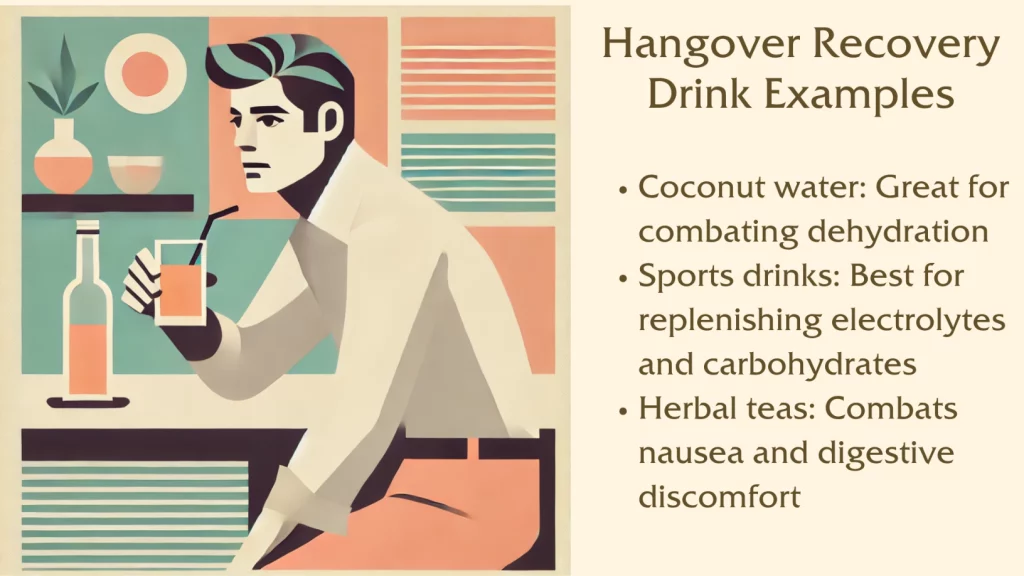 Hangover recovery drinks: coconut water, sports drinks, herbal teas.