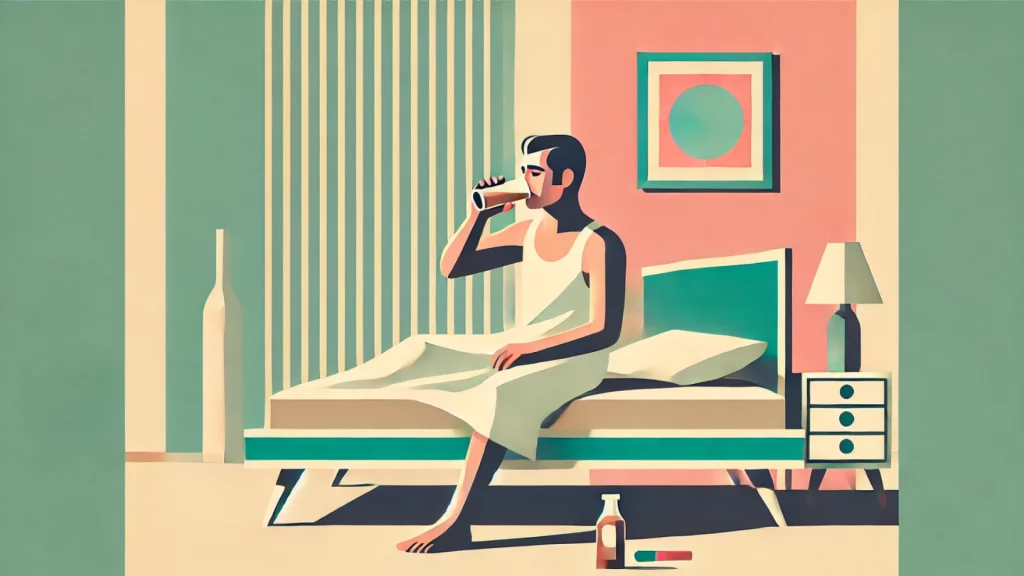 Man sitting on bed drinking medicine