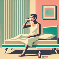 Man sitting on bed drinking medicine