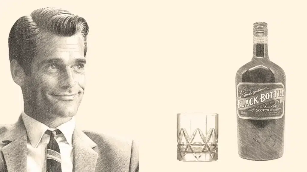 Vintage whiskey ad with bottle and glass.