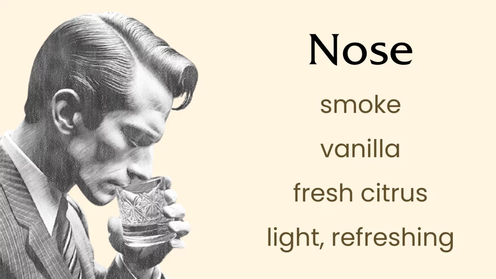 Man sniffing glass with smoke, vanilla, citrus scents.