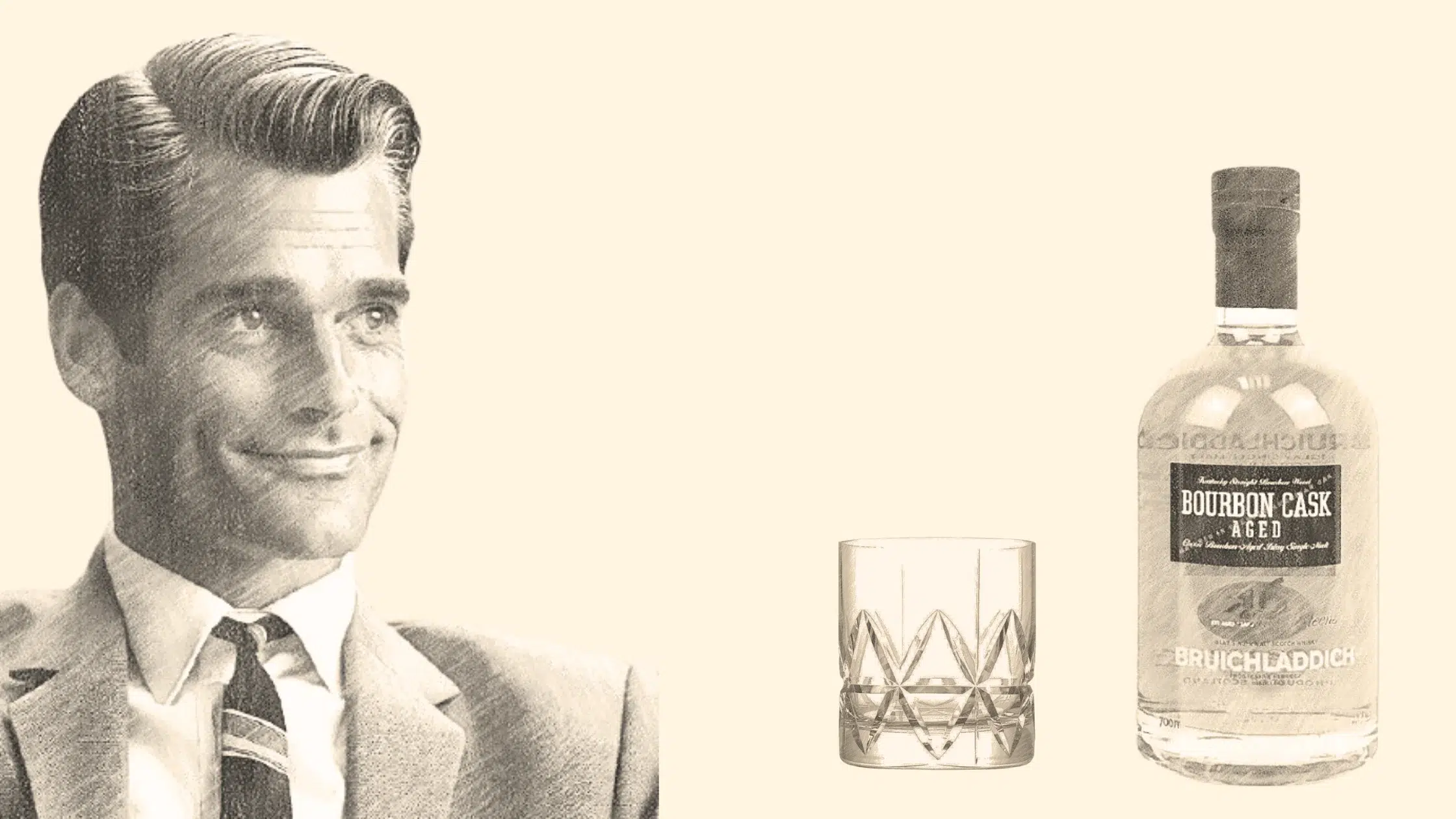 Man in suit with whiskey glass and bottle.