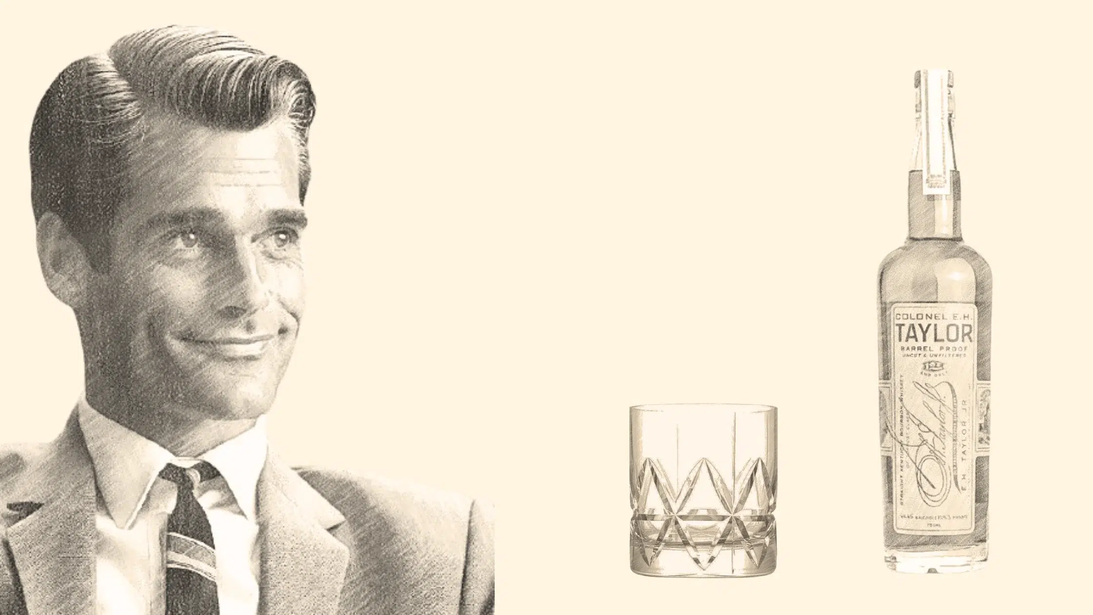 Vintage ad with man and whiskey bottle.