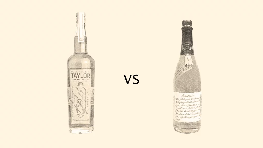 E.H. Taylor vs Booker's bourbon bottles comparison.