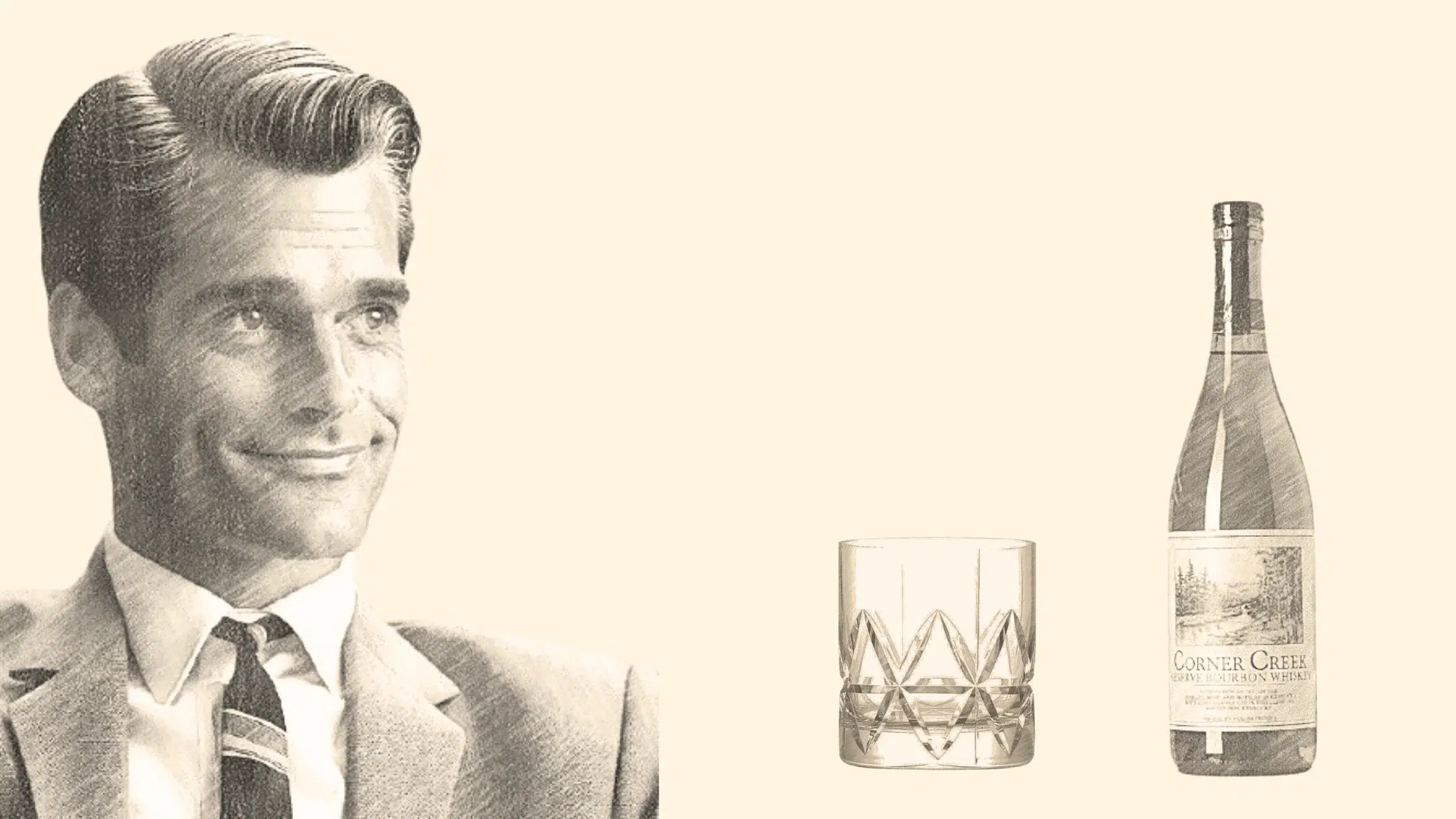 Man smiling, whiskey glass and bottle