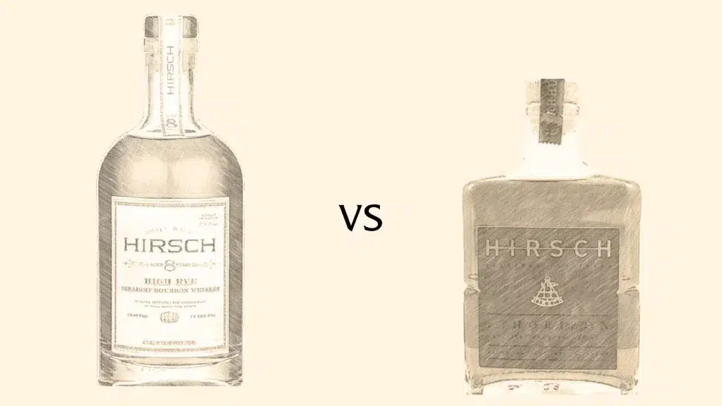 Two Hirsch whiskey bottles compared side by side.