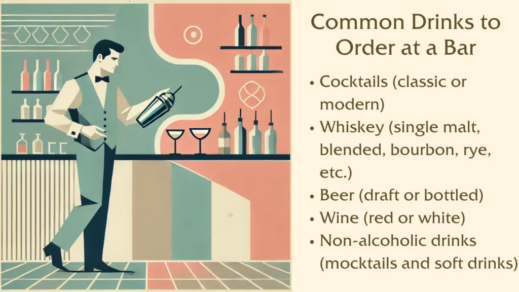 Illustration of bartender with list of bar drinks.