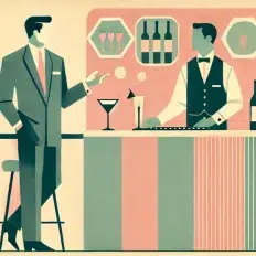 Retro bar scene with bartender and customer