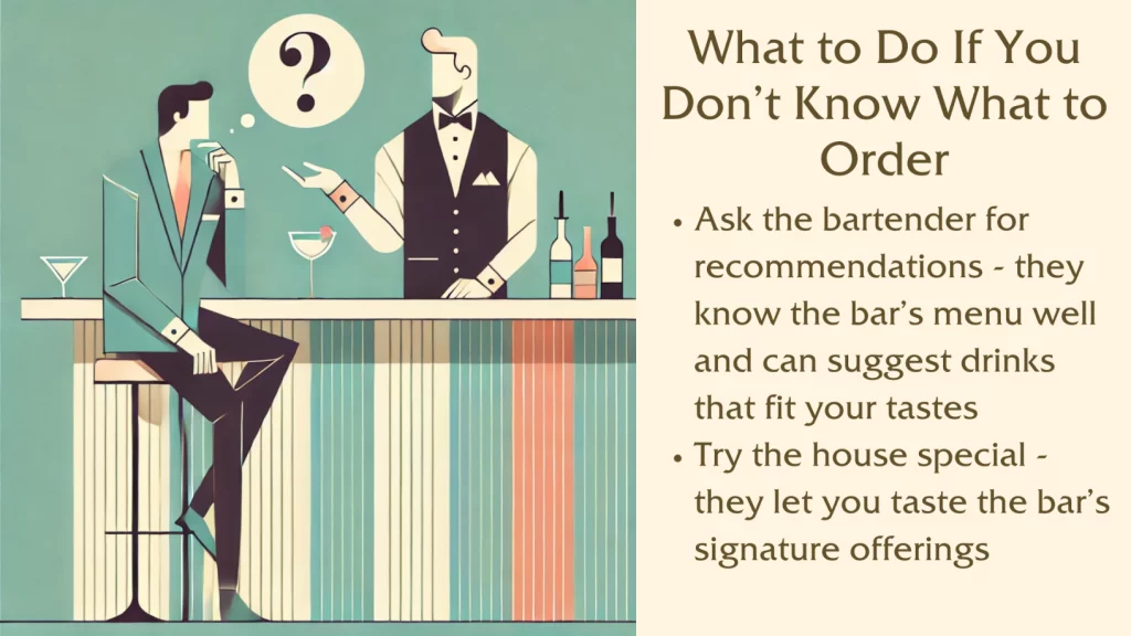 Bartender advice for drink selection at bar.