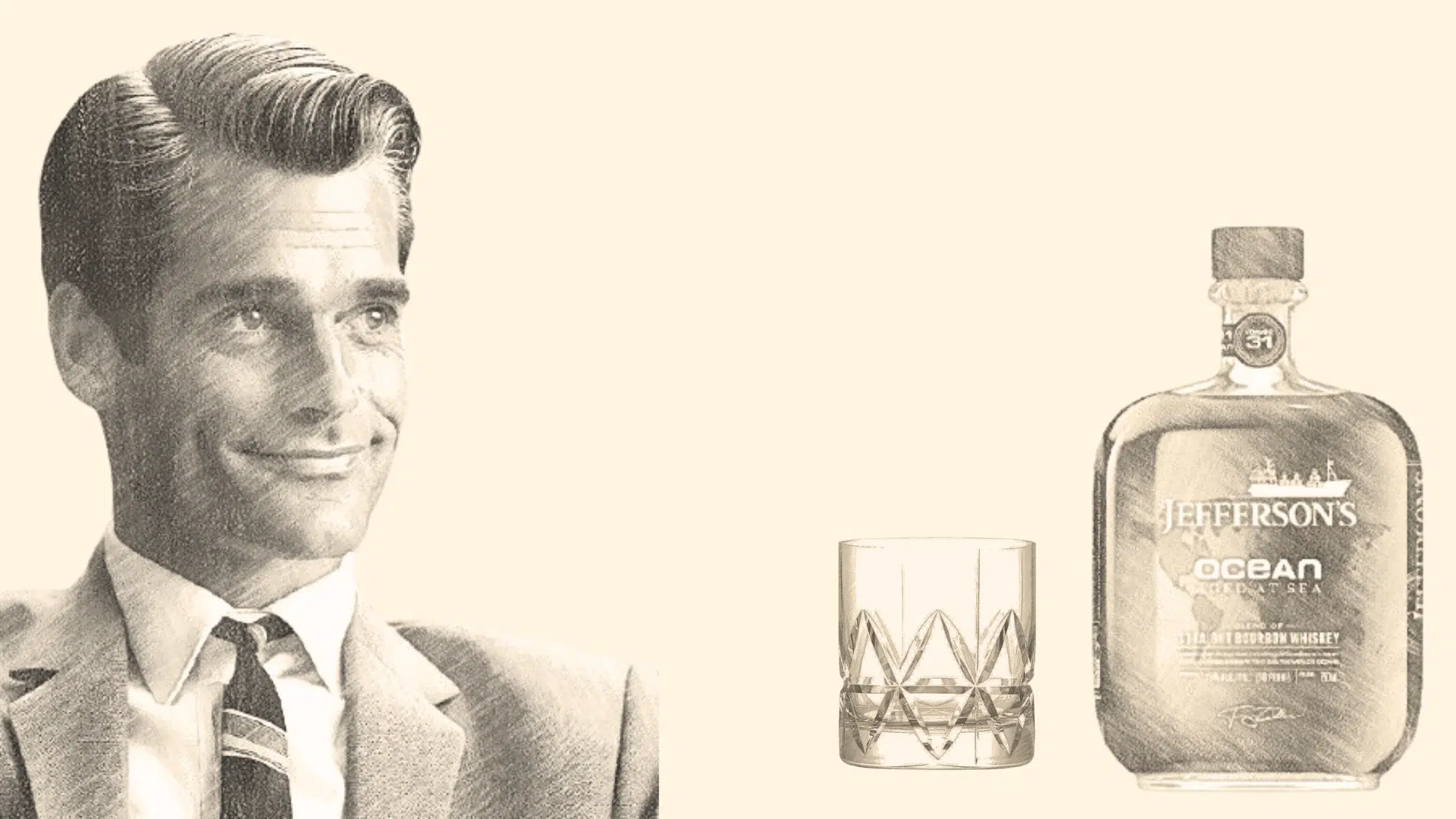 Man in suit, whiskey bottle, and glass.