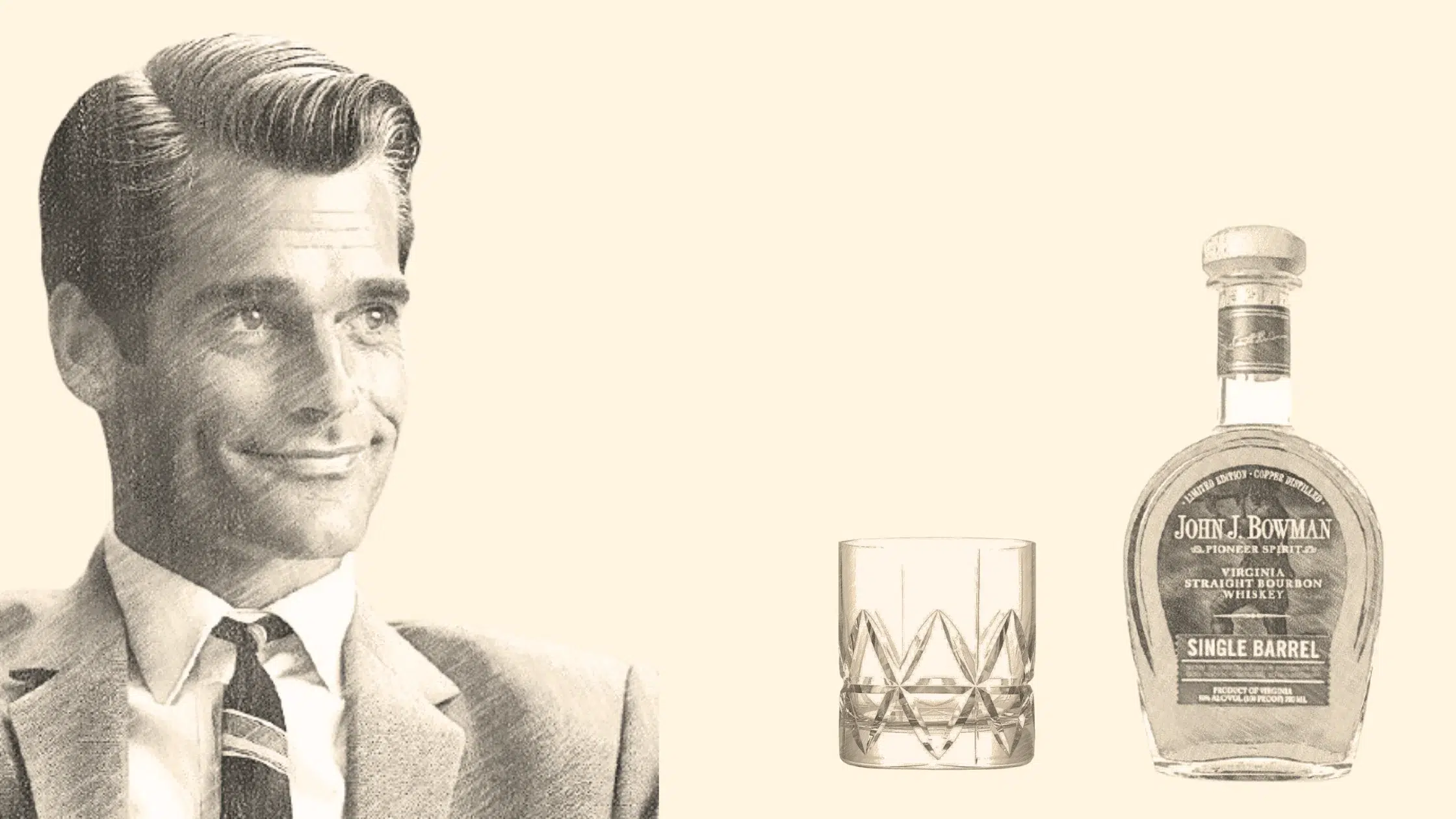 Vintage man, whiskey bottle, and glass illustration.