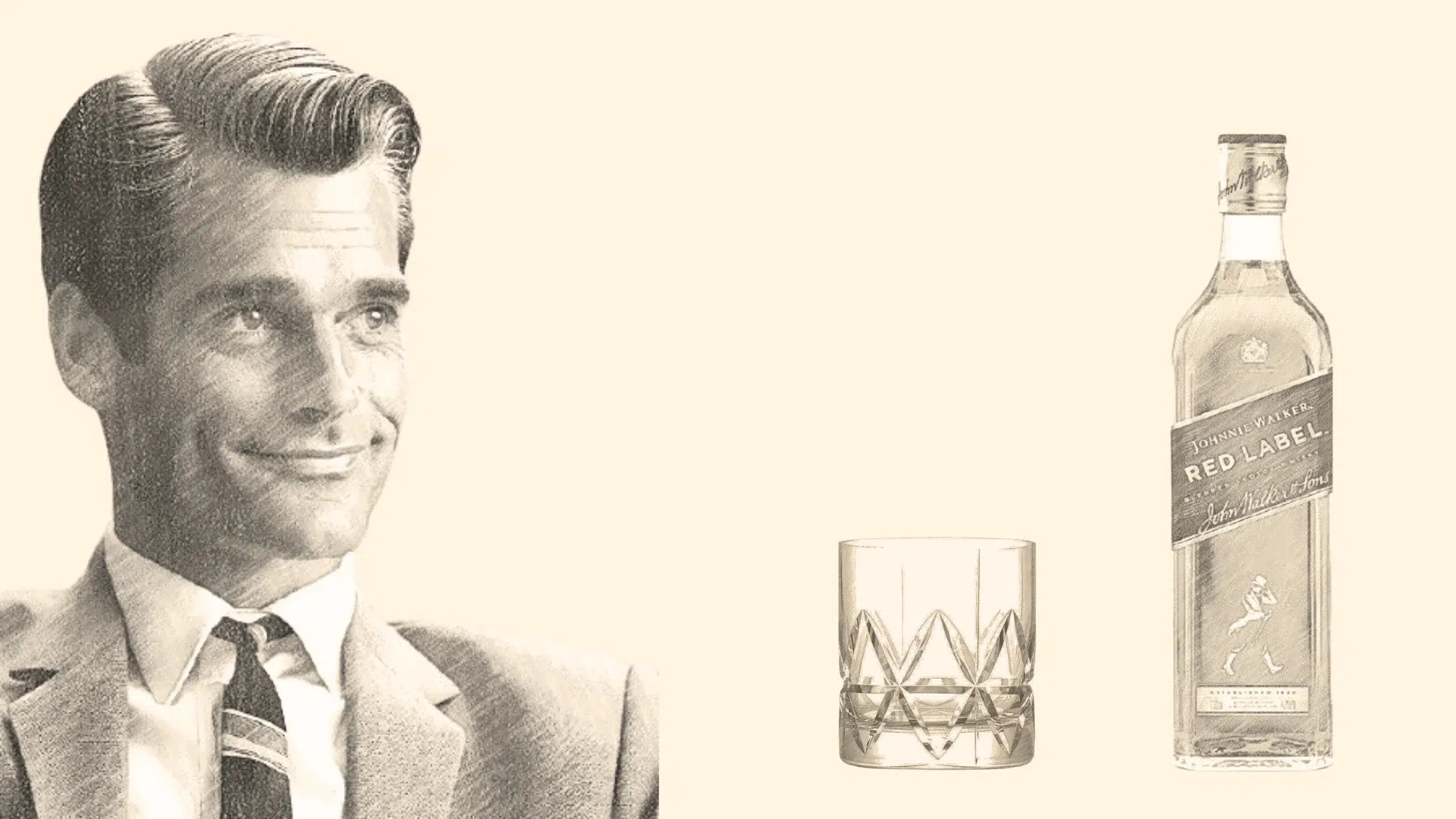 Vintage man, whiskey bottle, and glass illustration