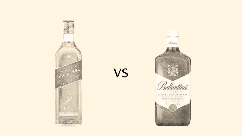 Red Label versus Ballantine's whisky bottles comparison.