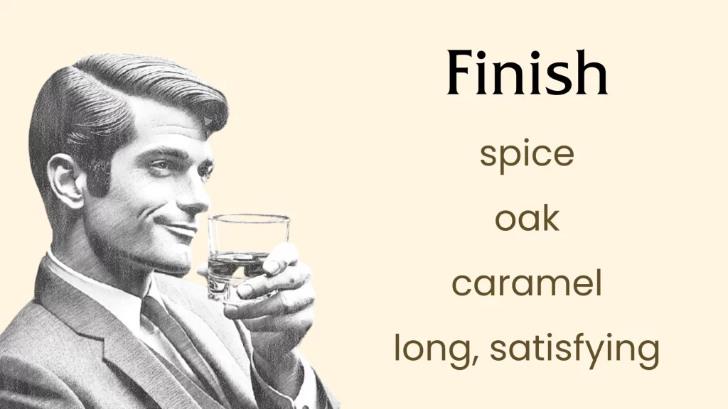 Man in suit enjoying whiskey, tasting notes listed.