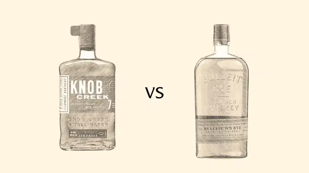 Knob Creek vs Bulleit Rye whiskey bottles.