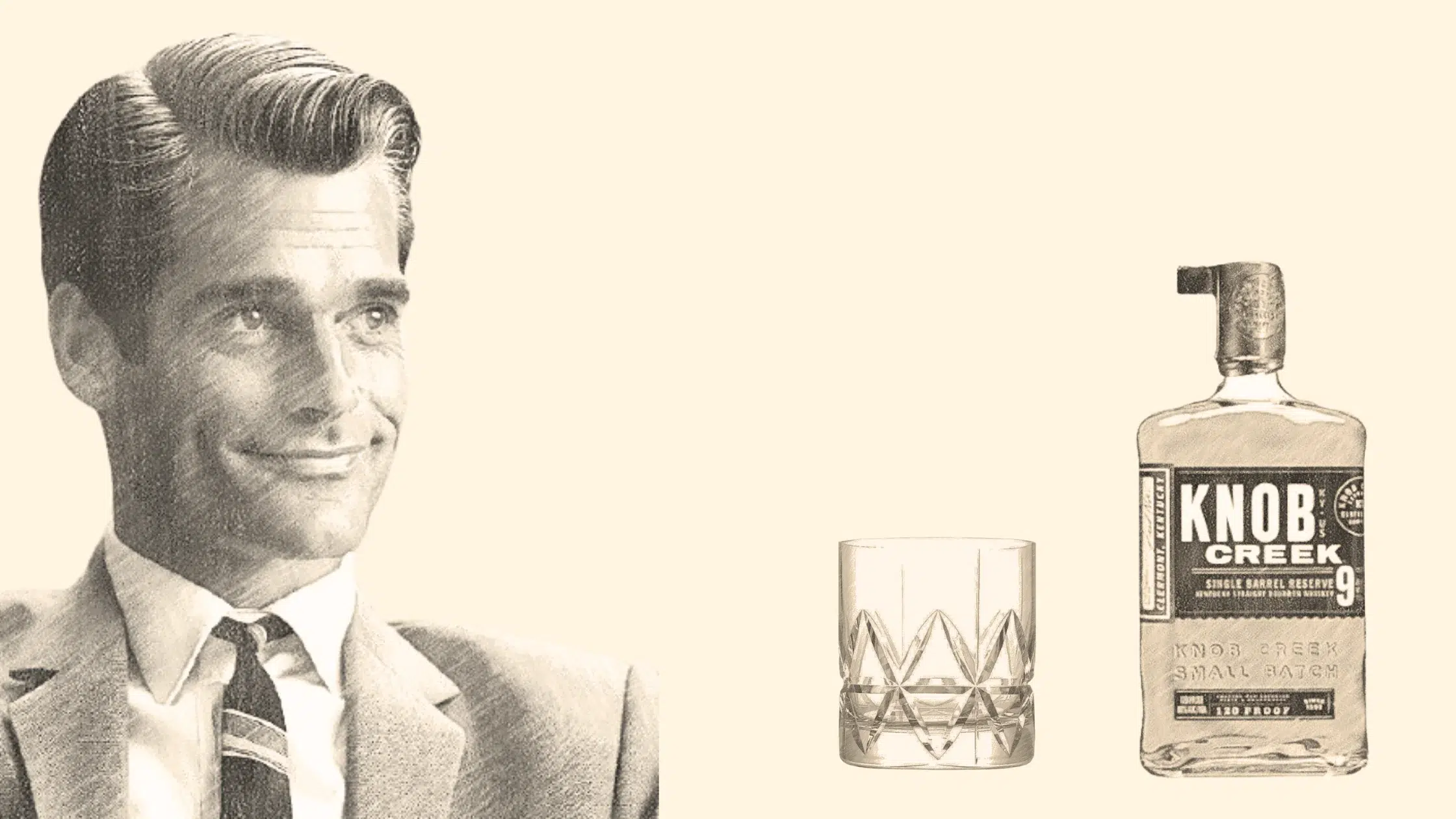 Smiling man with whiskey glass and bottle