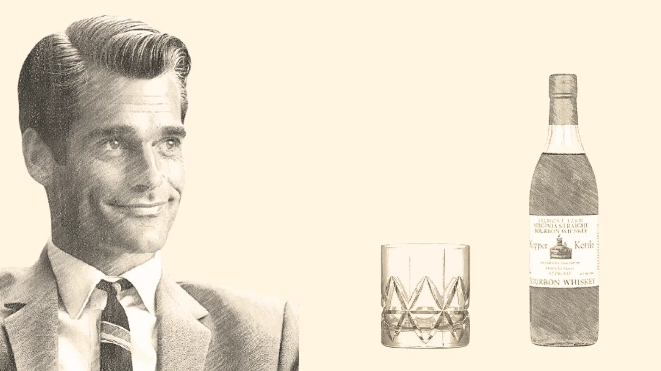 Smiling man with bourbon and glass illustration.