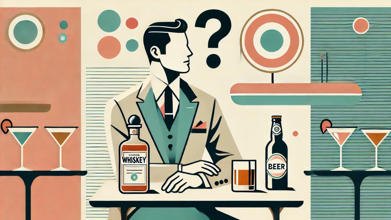 Man pondering whiskey or beer in retro style.