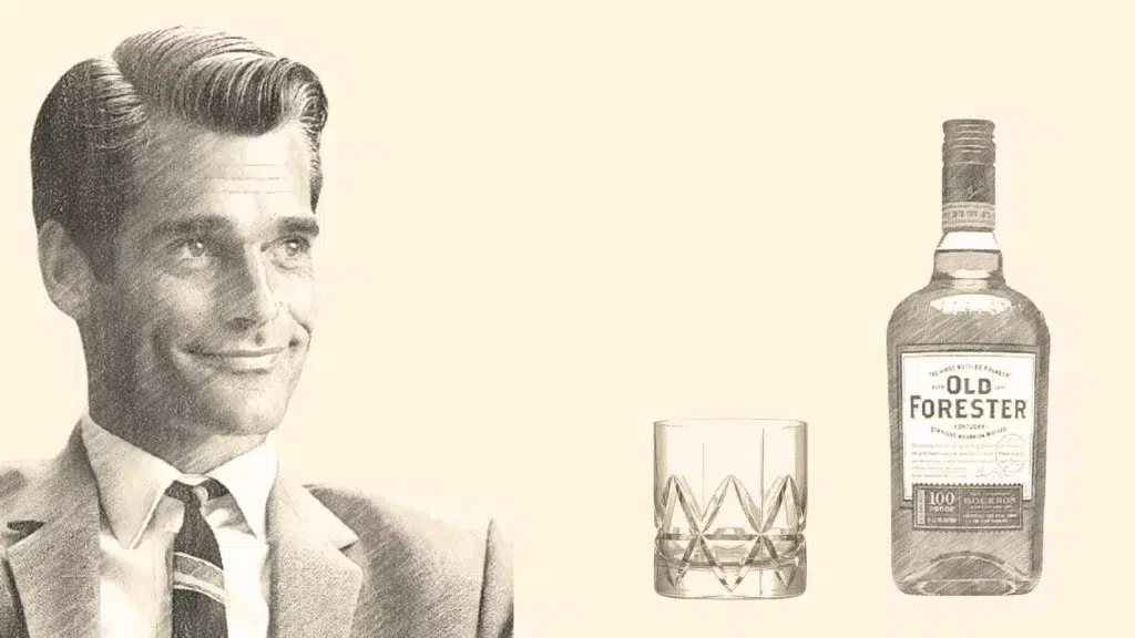 Vintage illustration of man with bourbon bottle and glass.