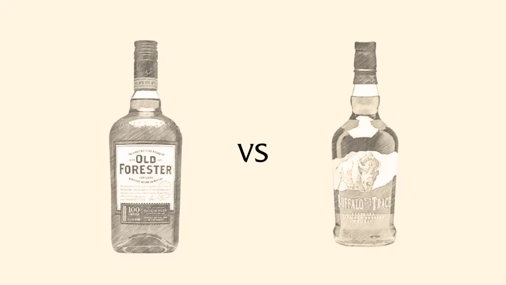 Old Forester vs Buffalo Trace bourbon bottles comparison.