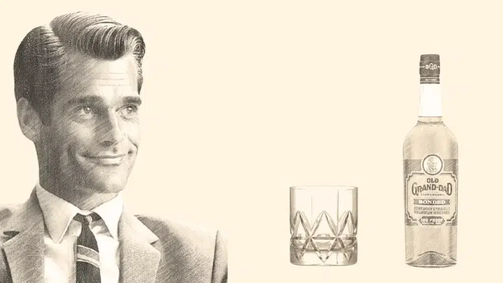 Man smiling, whiskey bottle and glass illustration