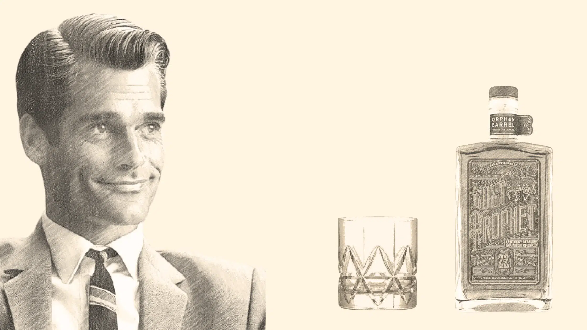 Retro illustration of man, whiskey bottle, and glass.