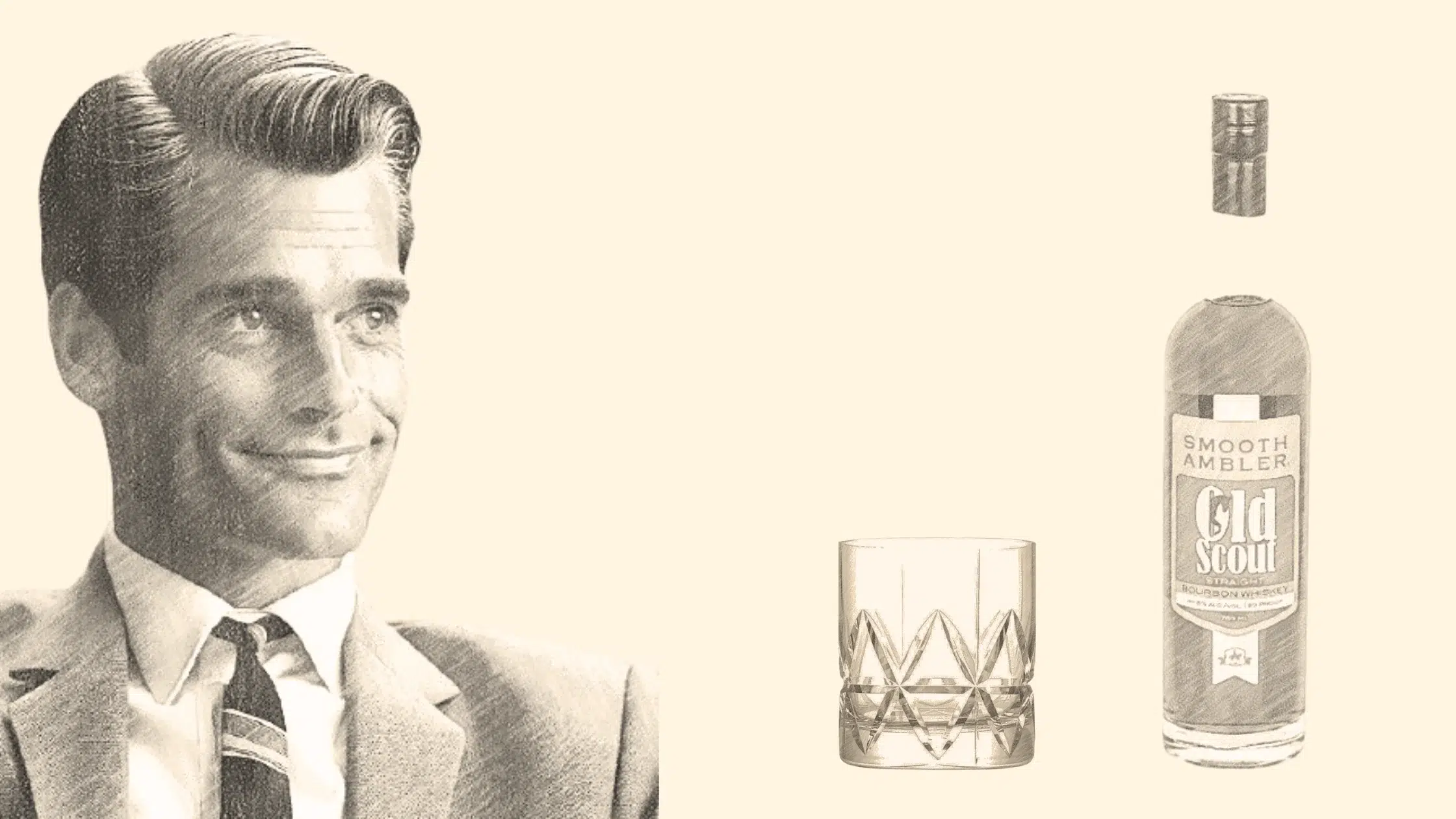 Man in suit beside whiskey bottle and glass