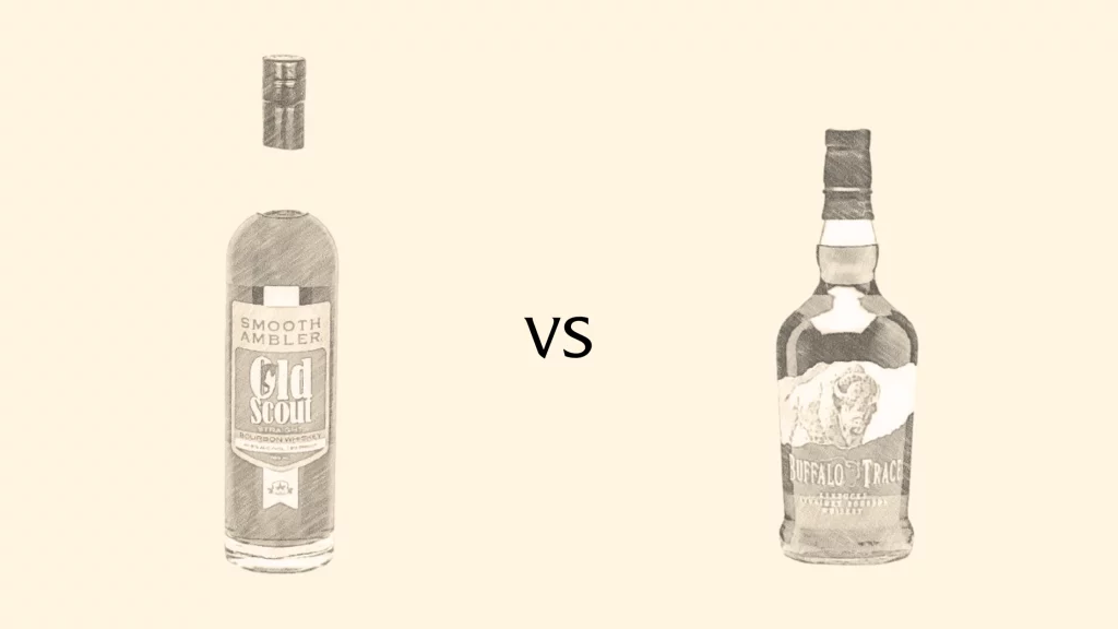 Old Scout vs Buffalo Trace whiskey bottles comparison.