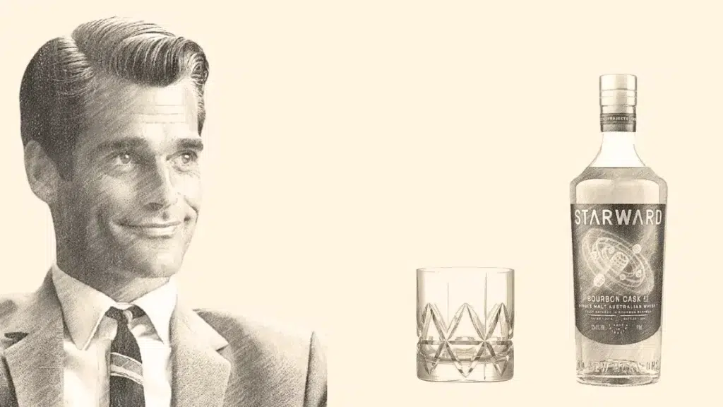 Vintage man with Starward whiskey bottle and glass.