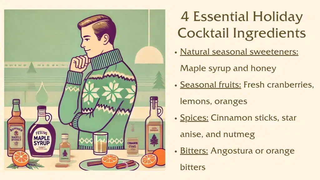 Essential holiday cocktail ingredients with man in sweater.