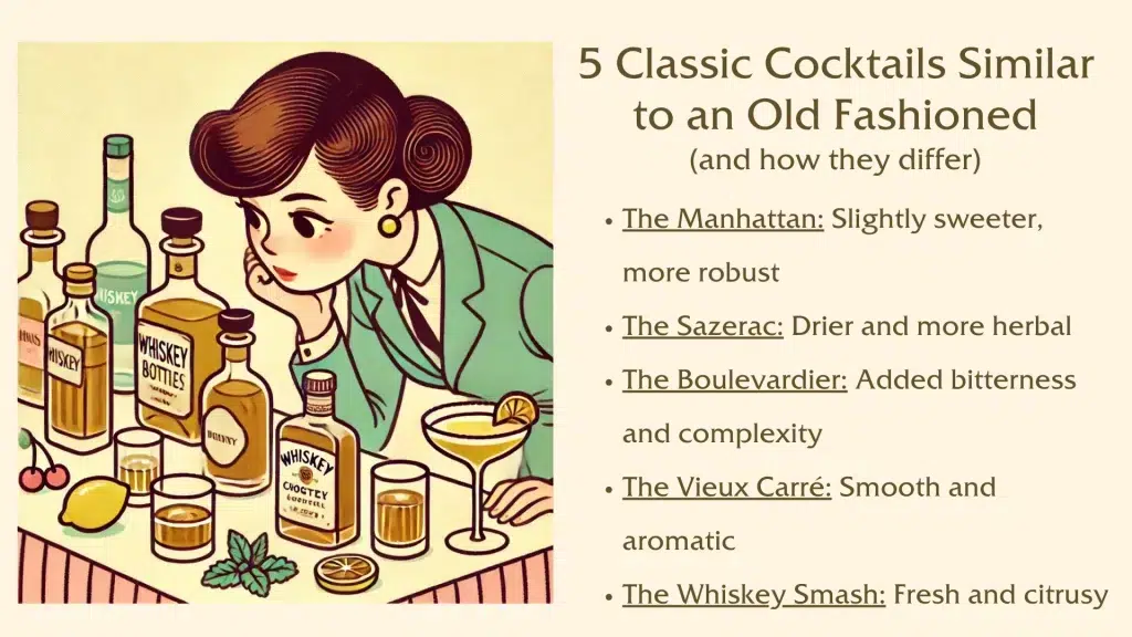 Illustration of woman with various whiskey cocktails.