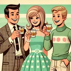 Retro illustration of people toasting with drinks.