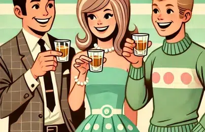 Retro illustration of people toasting with drinks.