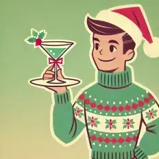 Festive cartoon with holiday sweater and cocktail.