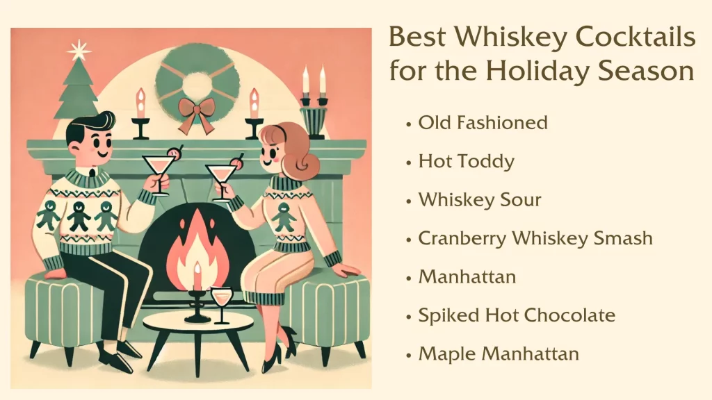 Holiday whiskey cocktail list with festive illustration.