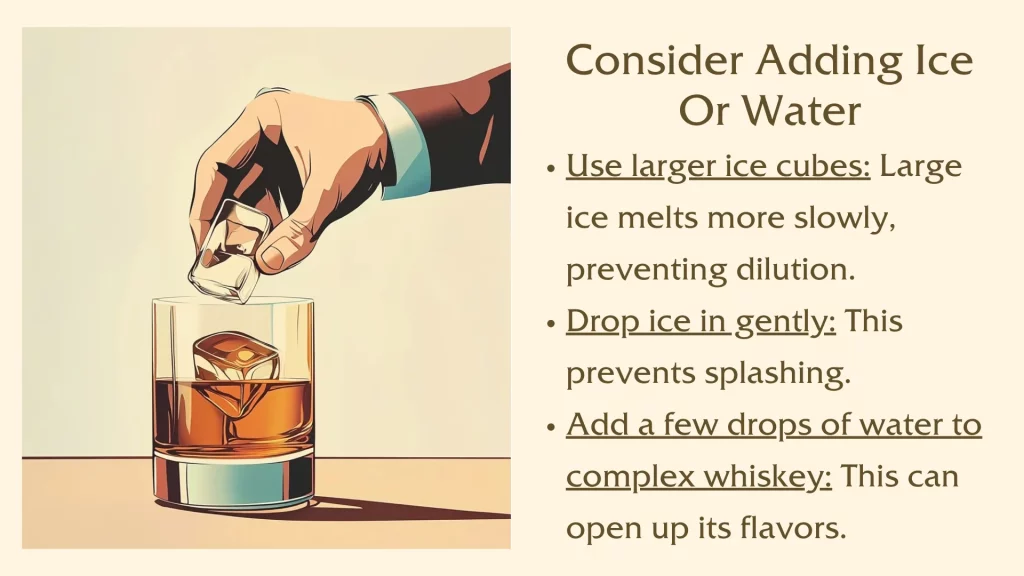 Hand adding ice to whiskey with tips beside.