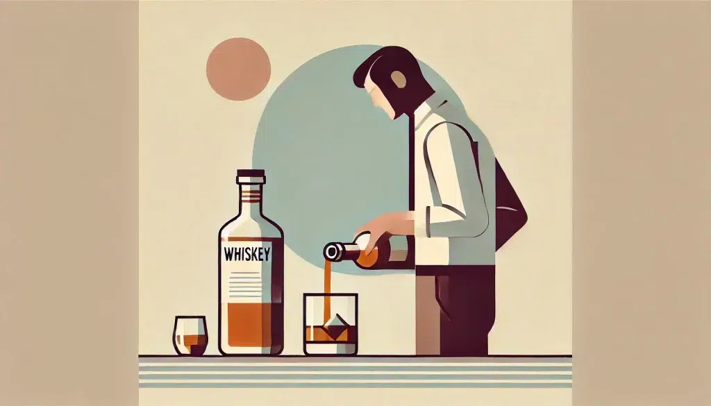 A stylized illustration of a person pouring whiskey into a glass with ice. A bottle labeled Whiskey and a filled glass sit on a table. The background features a circle and a small sun shape, creating a minimalist design.