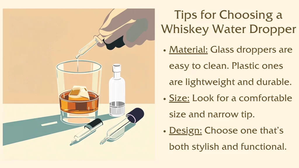 Illustration of a hand using a dropper to add water to whiskey in a glass with ice. Tips for choosing a whiskey water dropper are listed: material (glass or plastic), size (comfortable, narrow tip), and design (stylish, functional).