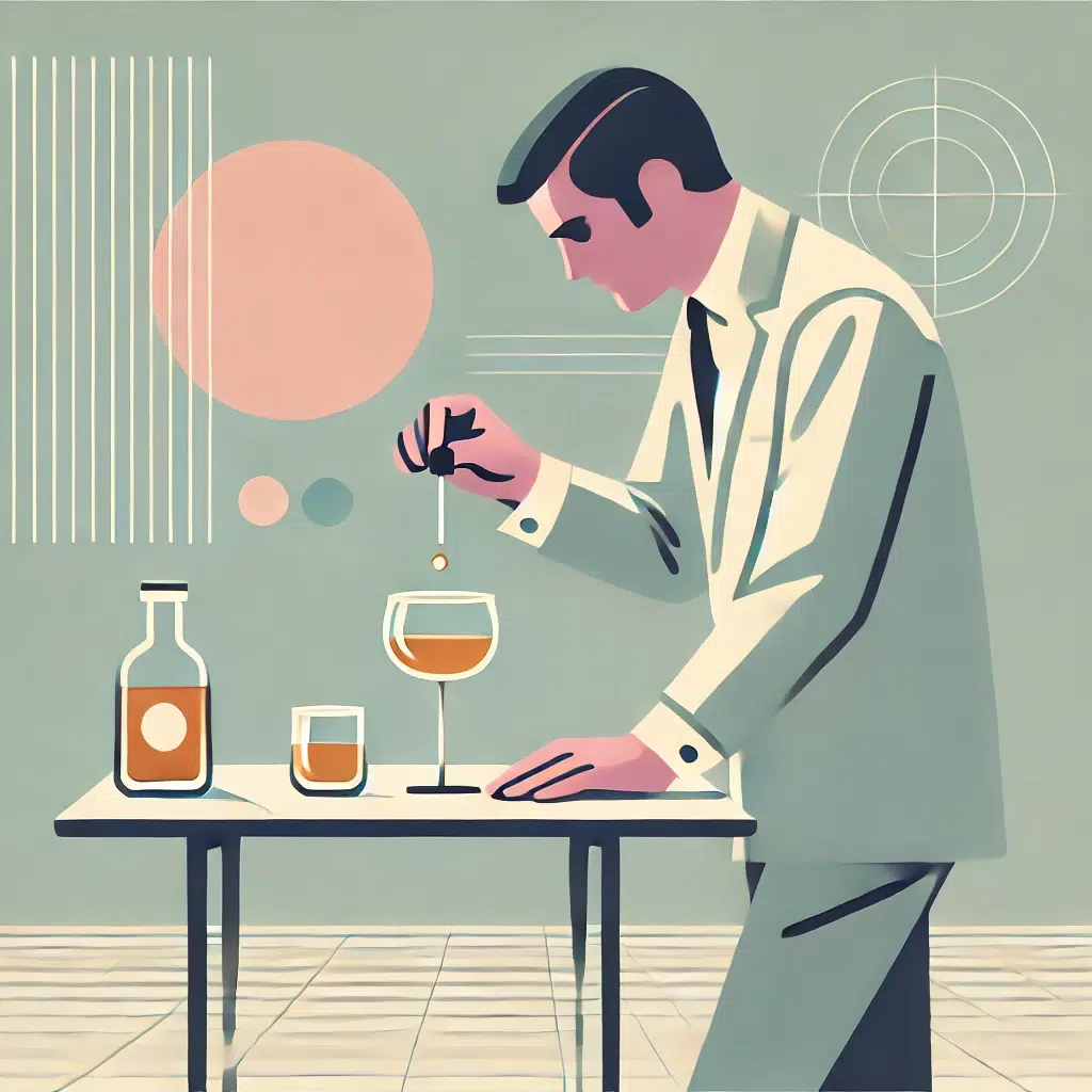 A stylized illustration of a person in a suit, using a dropper to add liquid to a glass on a table. Nearby are two bottles. The background is geometric, featuring circles and lines in pastel tones.